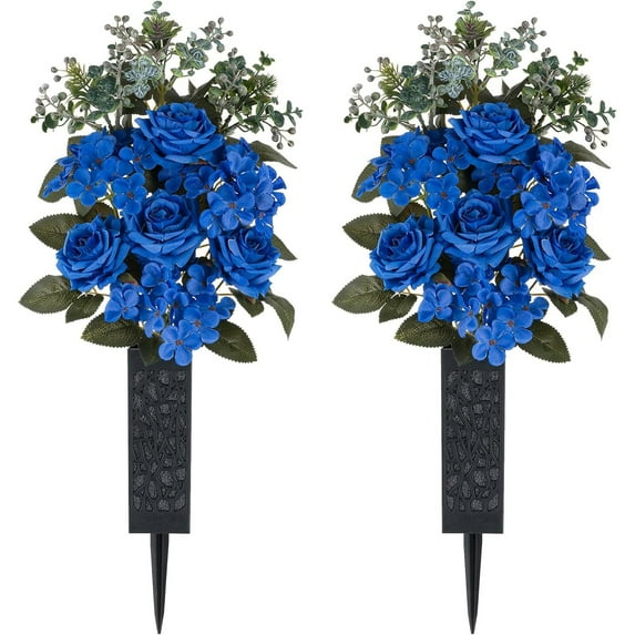 Memobloom Cemetery Flowers for Grave Decorations 2 Pcs Royal Blue Artificial Rose Hydrangea Memorial Day Silk Flower Independence Day Outdoor Gravesite Graveyard Headstones Decor