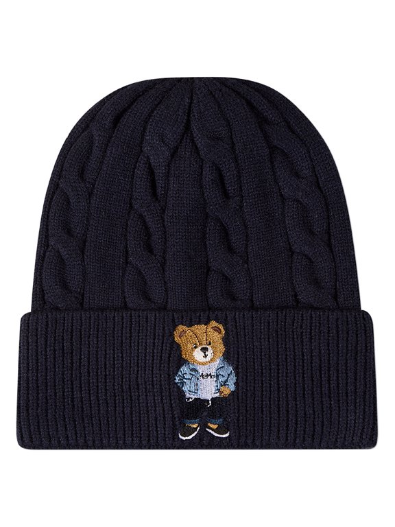 Kids "Cool Teddy" Rayon-Blend Cable-Knit Cuffed Embroidered Beanie, M, Navy