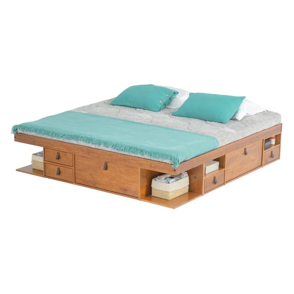 Memomad Bali King Size Storage Platform Bed with Drawers, Oak