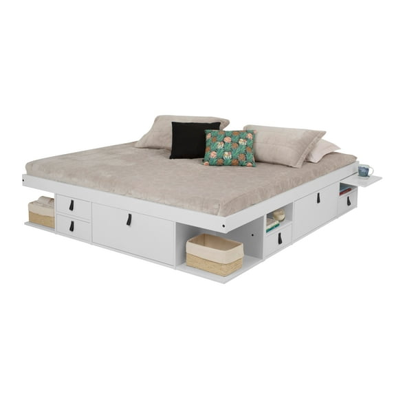 Memomad Bali Storage Platform Sturdy Bed Frame with Drawers and More (White Wood King Size)