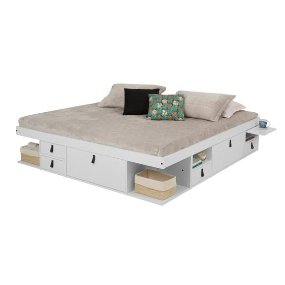 Memomad Bali Storage Platform Sturdy Bed Frame with Drawers and More (White Wood King Size)