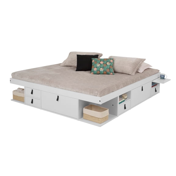 Memomad Bali Storage Platform Bed Frame with Drawers and Compartments - Space Saving Bedroom Furniture (White Wood King Size)