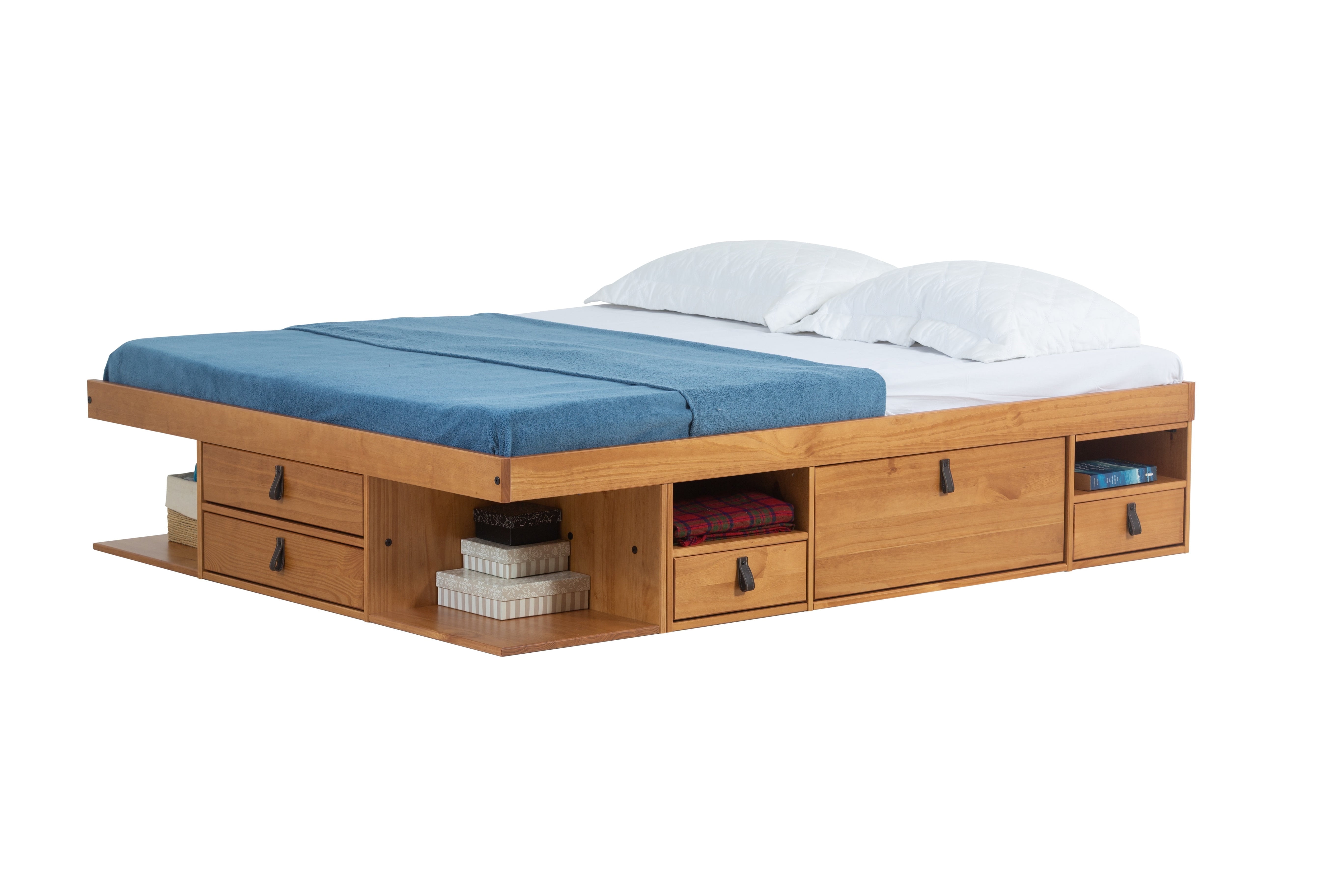 Queen Oak Wood Platform Storage Bed with Drawers