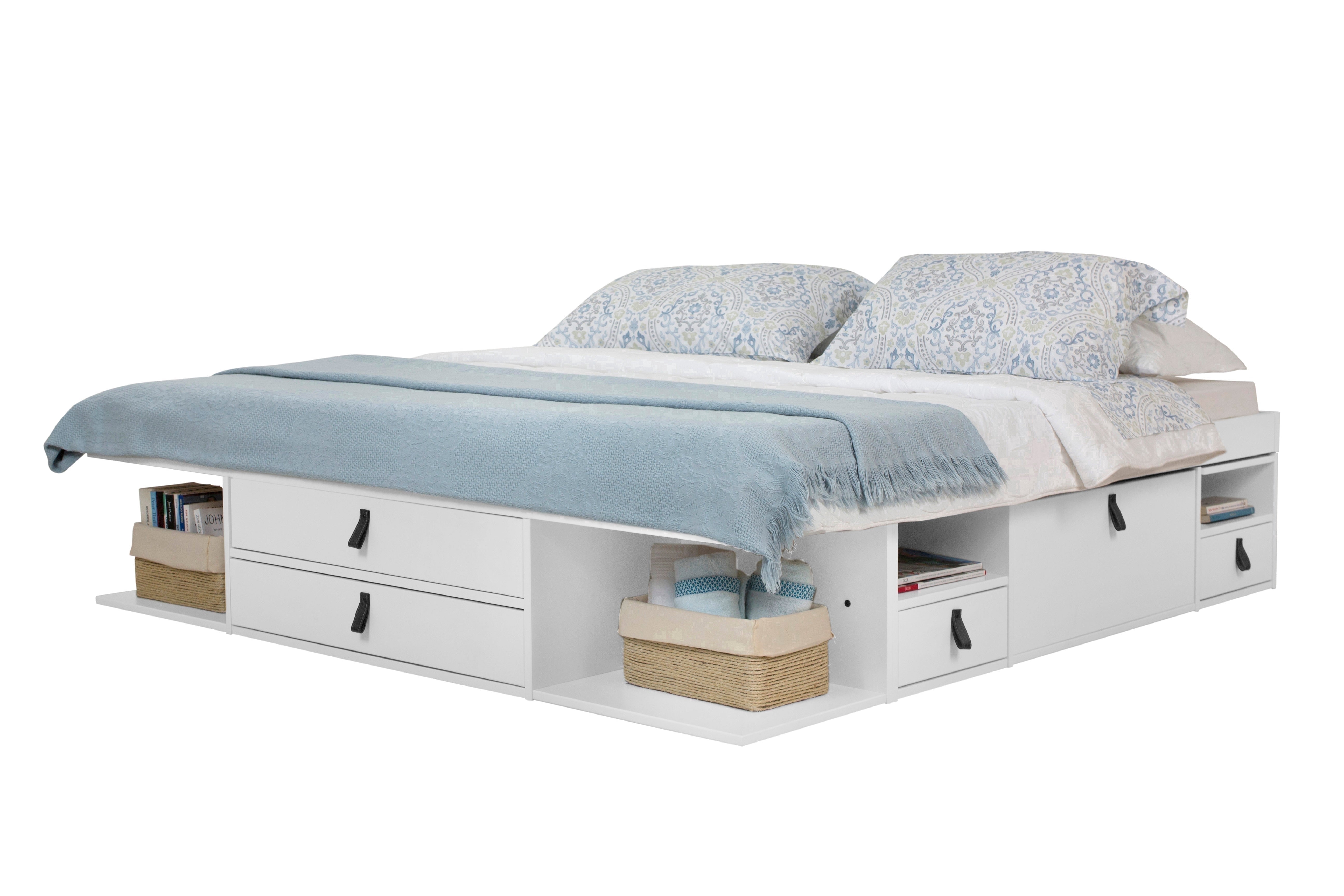 Memomad Bali Queen Size Storage Platform Bed with Drawers, White