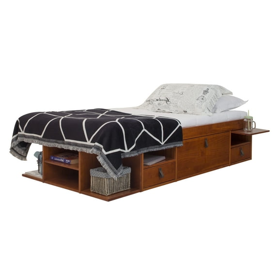 Memomad Bali Storage Platform Sturdy Bed Frame with Drawers and More (Caramel Brown Wood Twin Size)