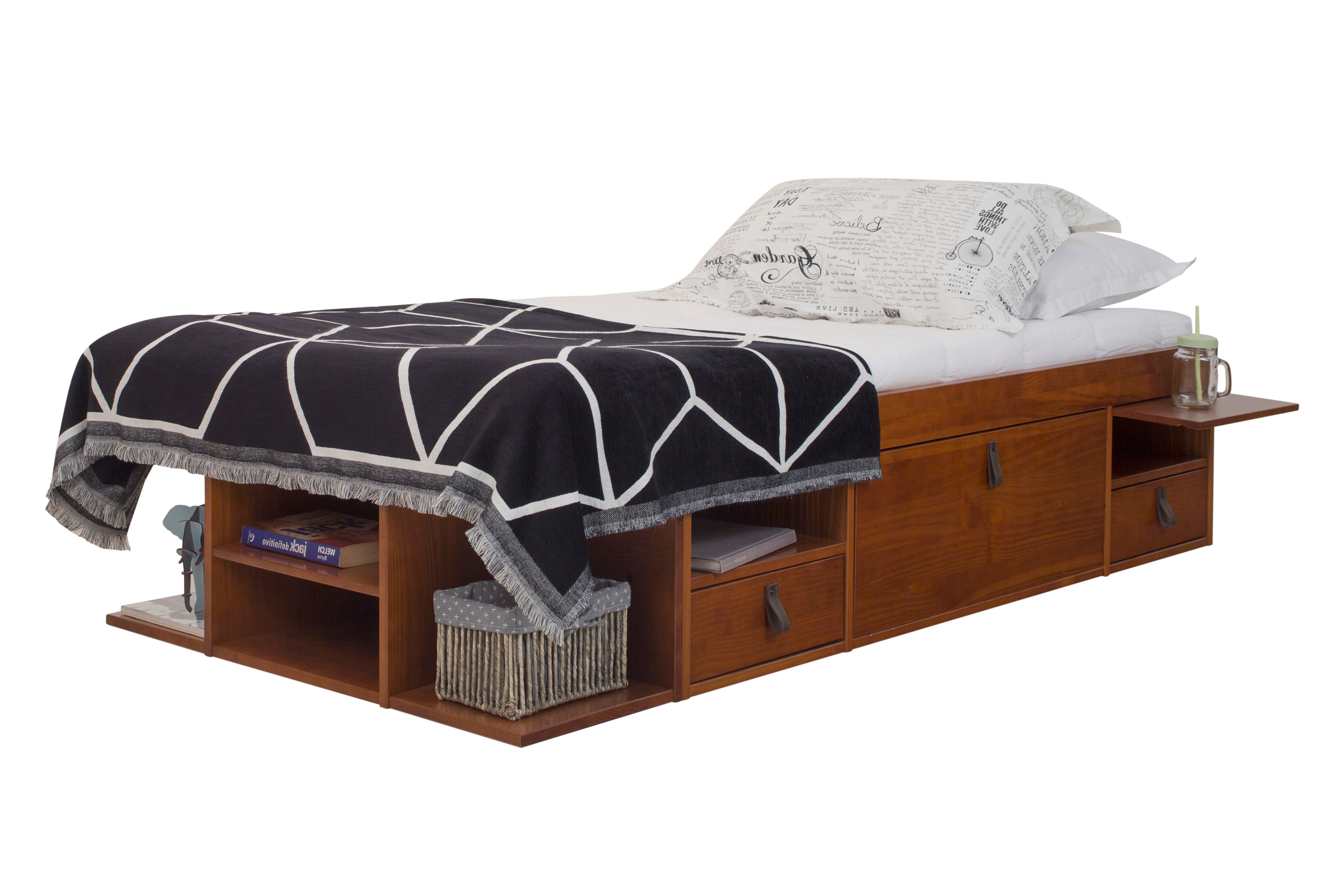 Twin Caramel Wood Platform Bed Frame with Storage Drawers
