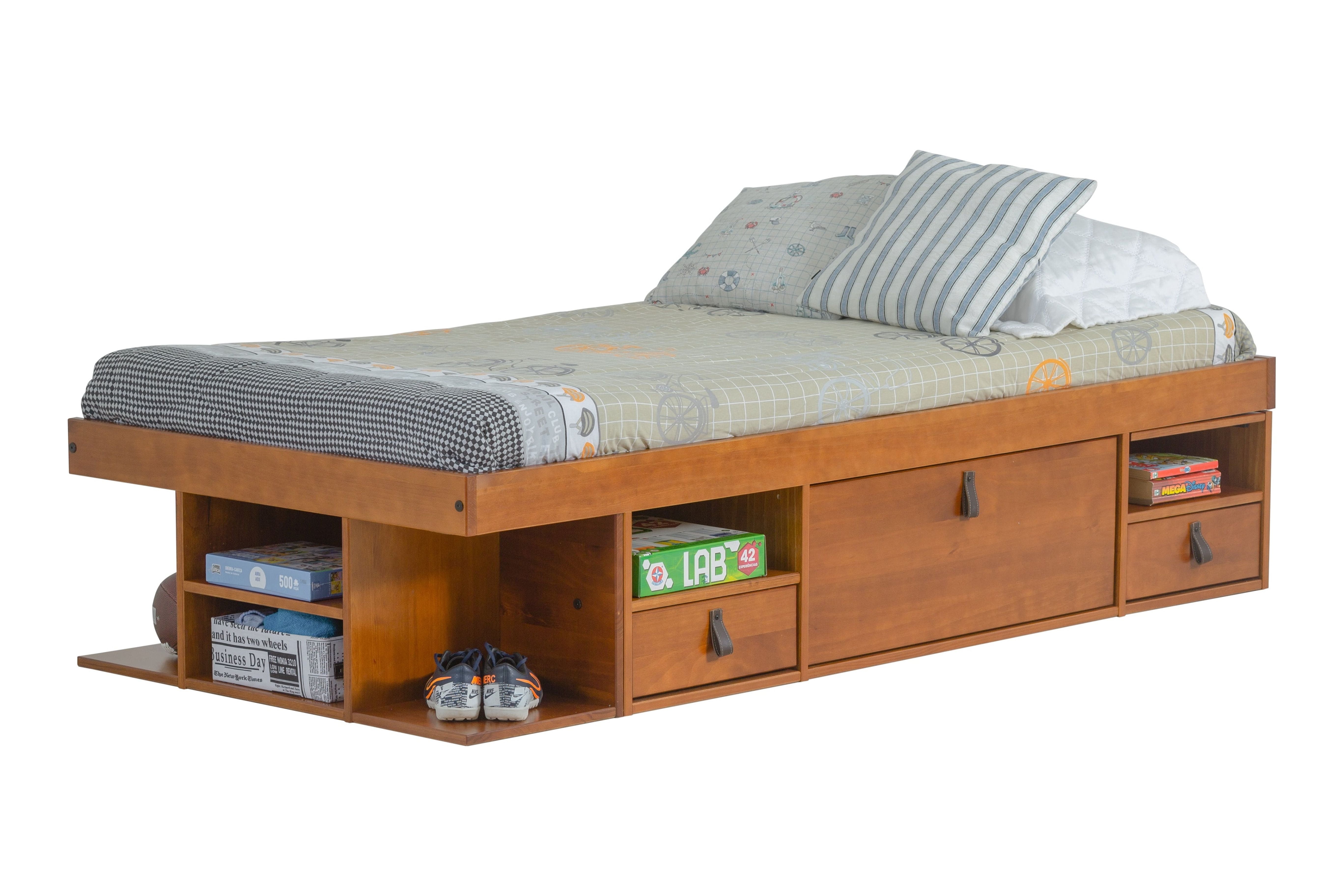 Twin Caramel Wood Platform Bed Frame with Storage Drawers