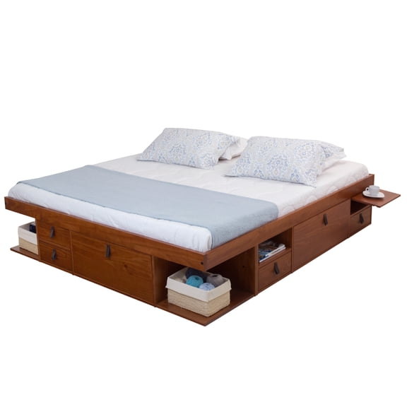 Memomad Bali Storage Platform Bed Frame with Drawers and Compartments - Space Saving Bedroom Furniture (Caramel Brown Wood King Size)
