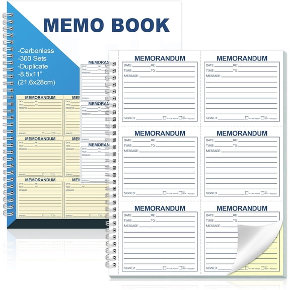 Memorandum Forms Book 300 Sets Carbonless 2 Part Duplicate Memo Pads 8.5x11 Inches Phone Message Book Spiral Bound With Tear Off Line And Writing Board Backing Suitable For Office Or School(1, Blue)