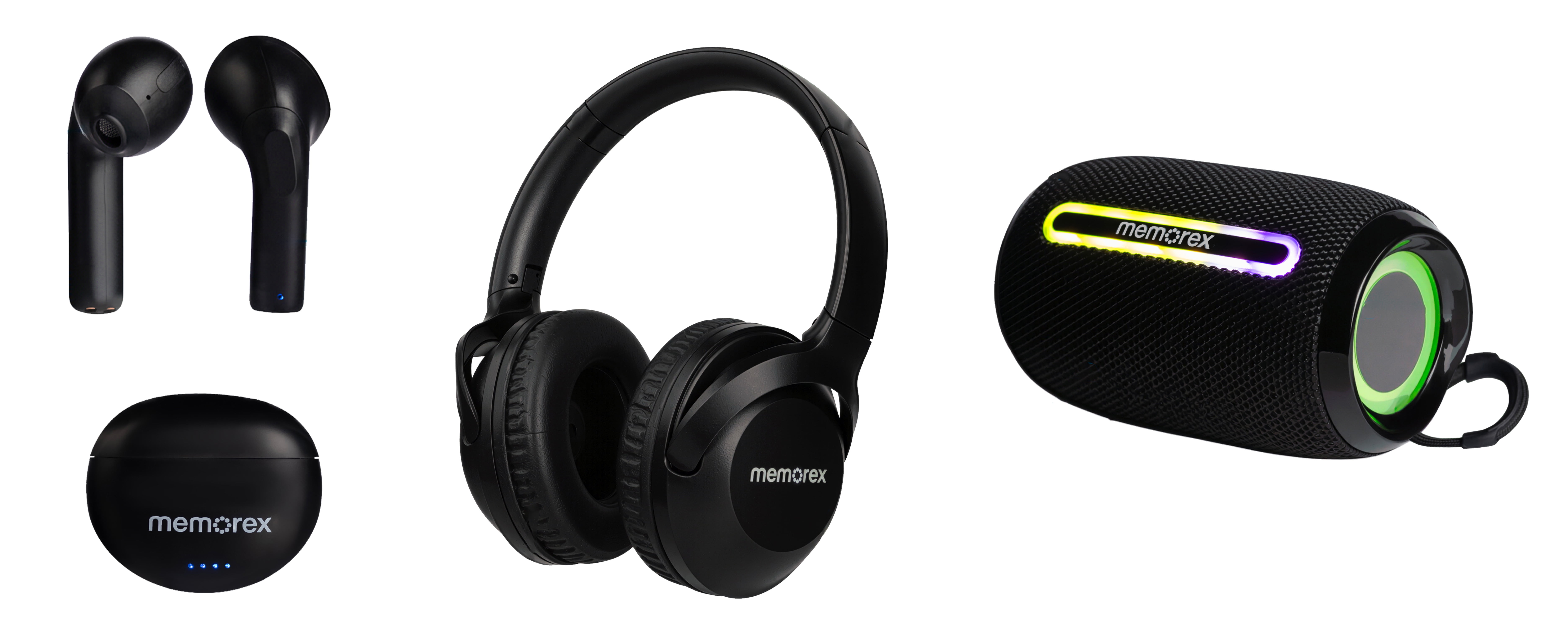 Memorex 3-in-1 Wireless Audio Bundle – Bluetooth Headphones, True Wireless Earbuds & Portable Speaker, Bluetooth 5.1, Hands-Free Calling, Black