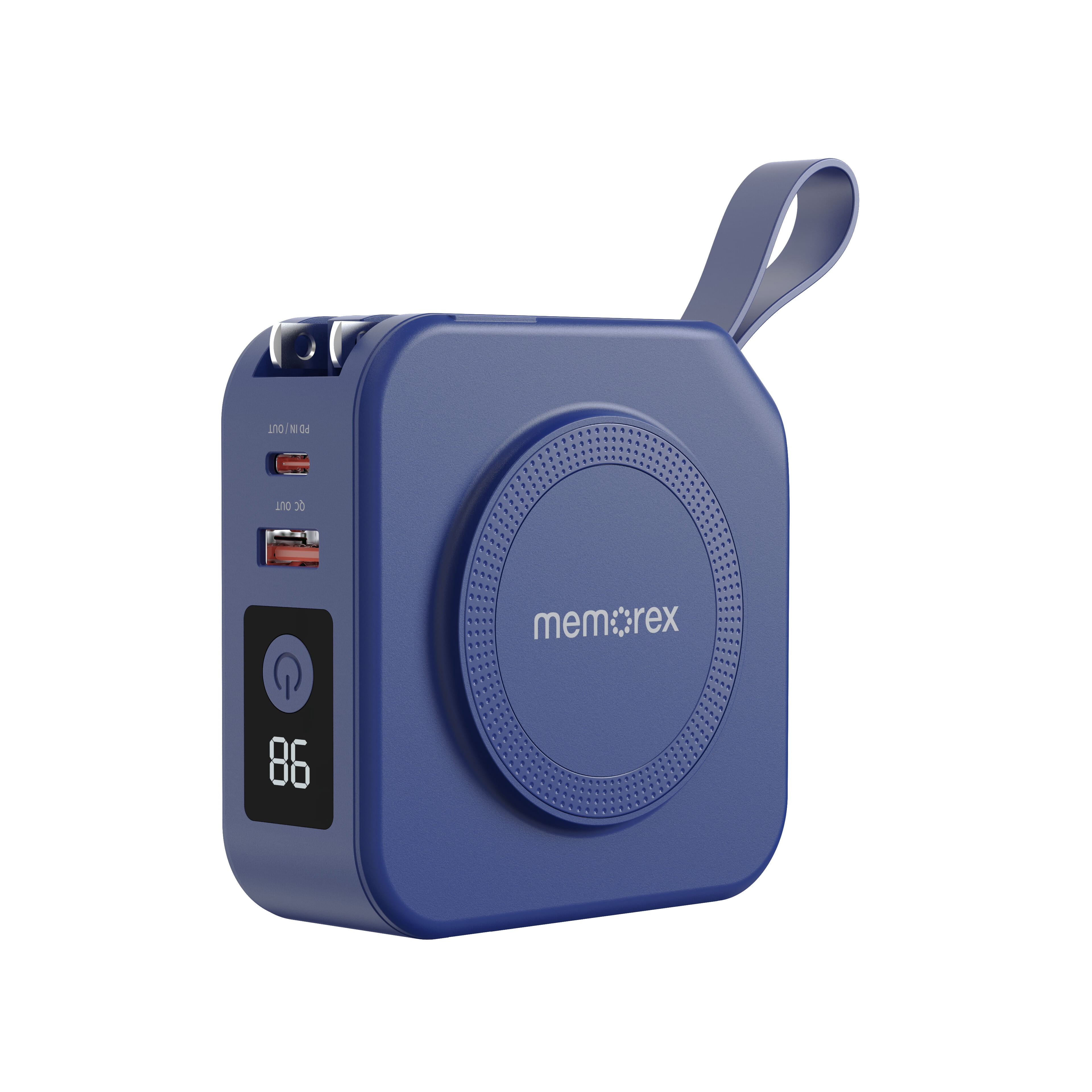 Memorex 5-in-1 Travel Power Bank | MX-PB10K(B) | 10,000mAh with Built-In Lightning & USB-C Cables, Wireless Charging Pad & Foldable AC Plug – Portable Fast Charging Battery Pack | Blue