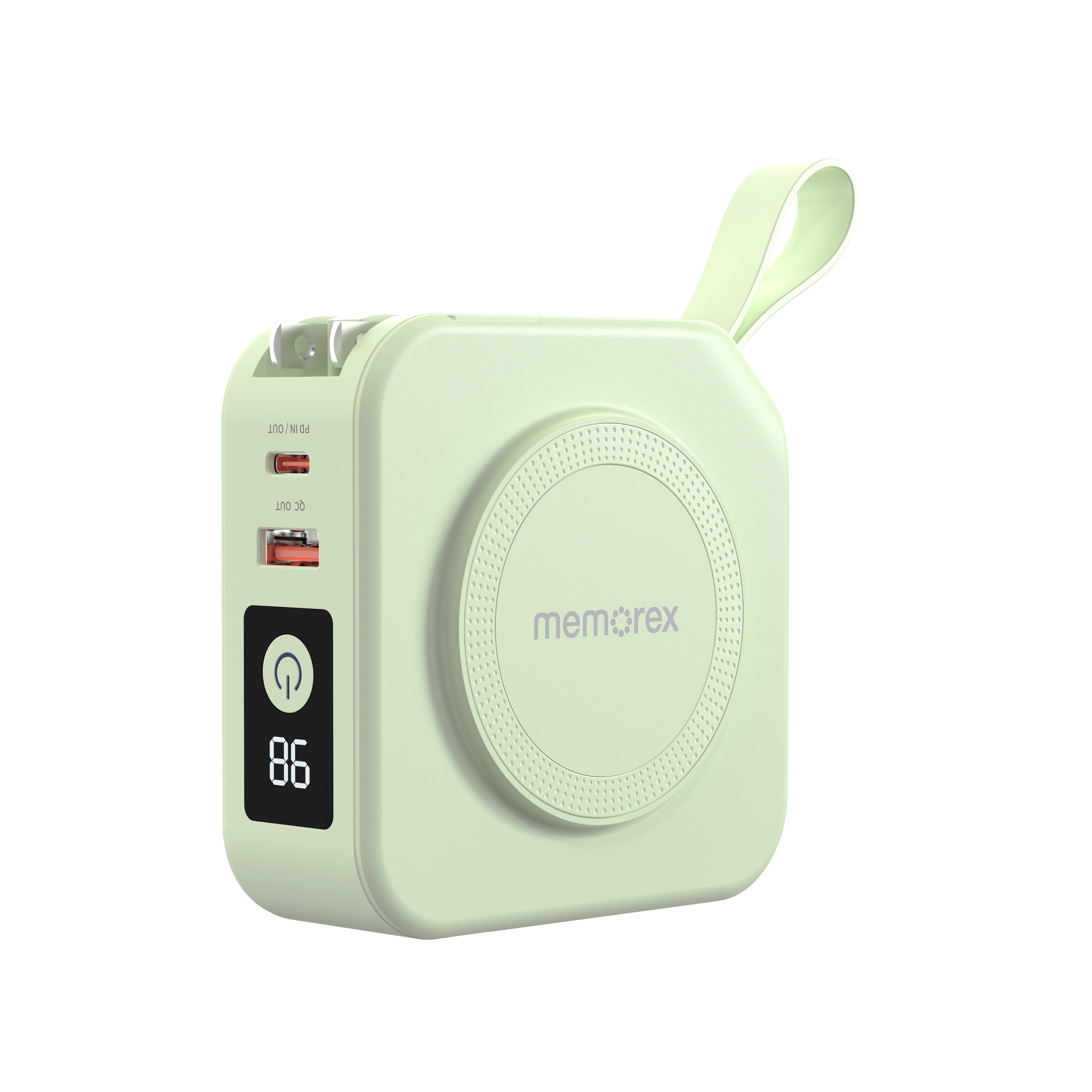Memorex 5-in-1 Travel Power Bank | MX-PB10K(G) | 10,000mAh with Built-In Lightning & USB-C Cables, Wireless Charging Pad & Foldable AC Plug – Portable Fast Charging Battery Pack | Green