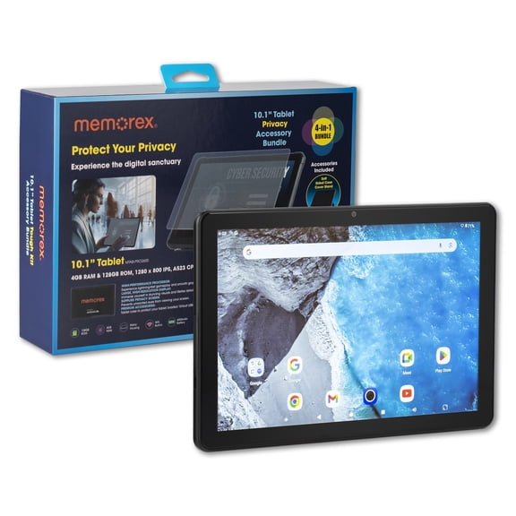 Memorex Bonus 4-in-1 Privacy Bundle - 10.1" HD IPS Android 14 8-Core Tablet, 128GB Storage, 4GB RAM with Bonus Tablet Case & Stand, Braided 10ft USB-C cable & Privacy Screen Protector