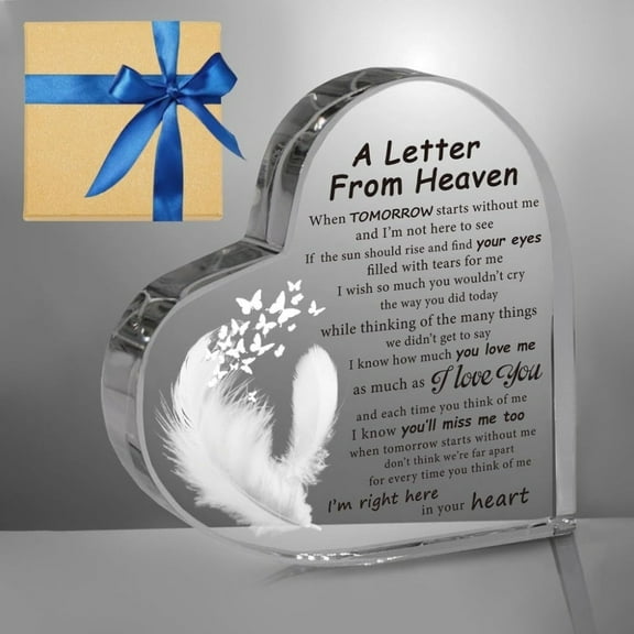 Memorial Acrylic Heart Sympathy Gift - "A Letter From Heaven" Comforting With Feathers Butterflies 4X4 Inch Keepsake For Loss Of Loved One Graveside Or Home Remembrance Gift
