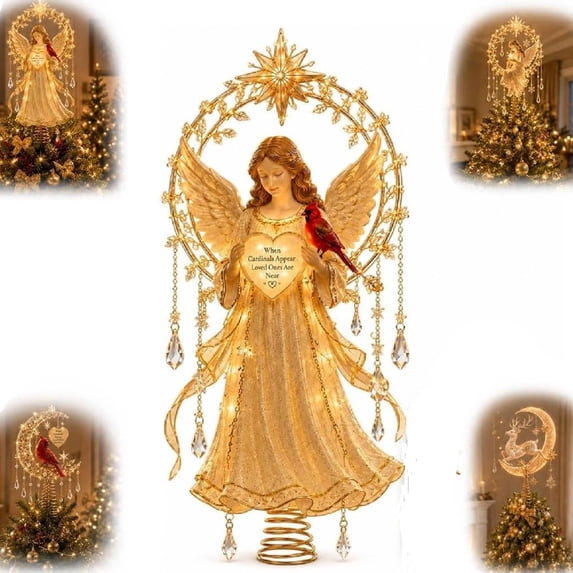 Memorial Angel Cardinal Enchanted Moonlight Tree Topper, Christmas Tree Topper Golden Crescent Glow, Dangling Snowflake Charm, Lighted Festive Ornament, Magical Holiday Centerpiece