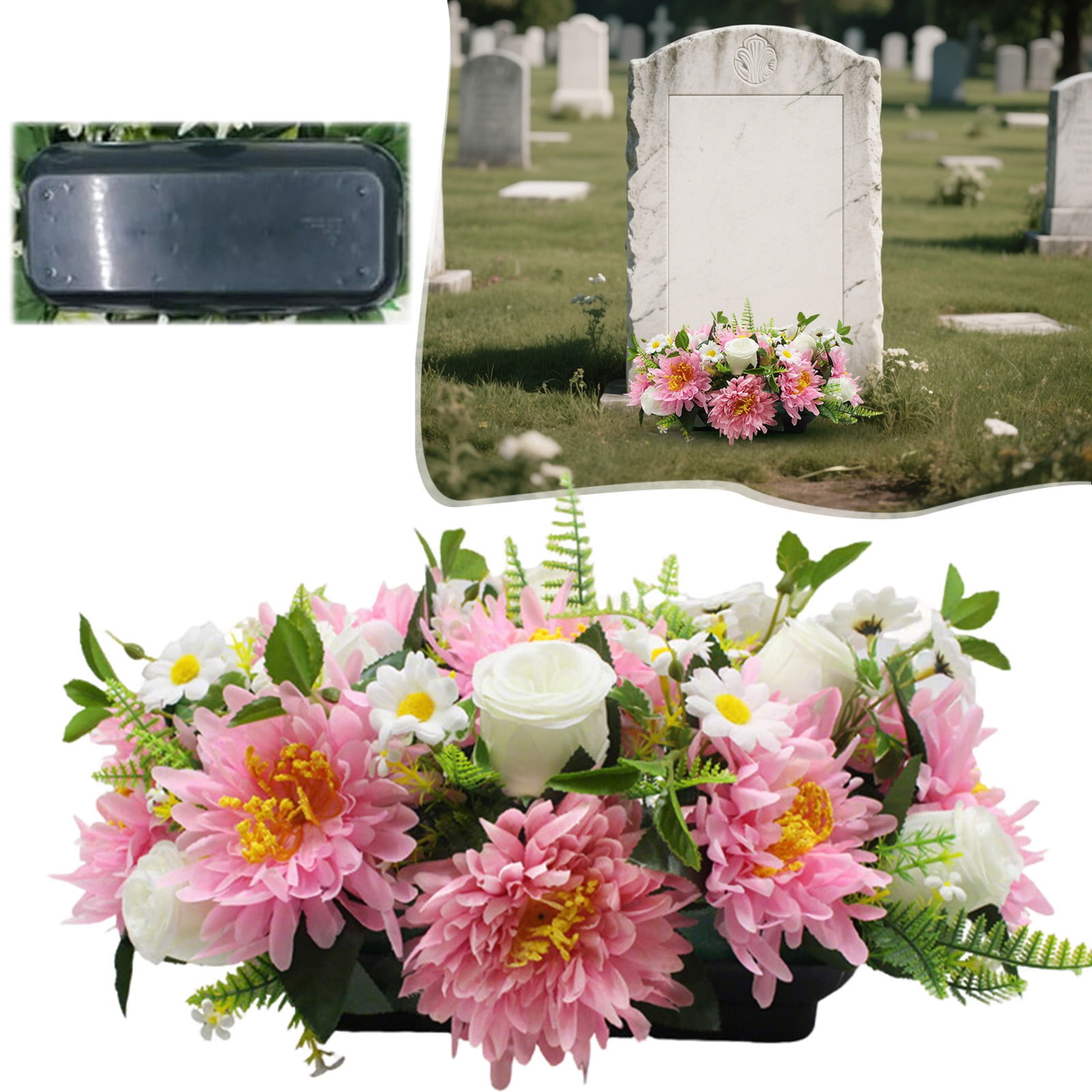Memorial Artificial Flower for Gravesite, Chrysanthemum & Wildflower Cemetery Bouquet, Rainproof UV Resistant Outdoor Tribute, Cemetery & Gravesite Decor, Sympathy & Funeral Flowers (Champagne)