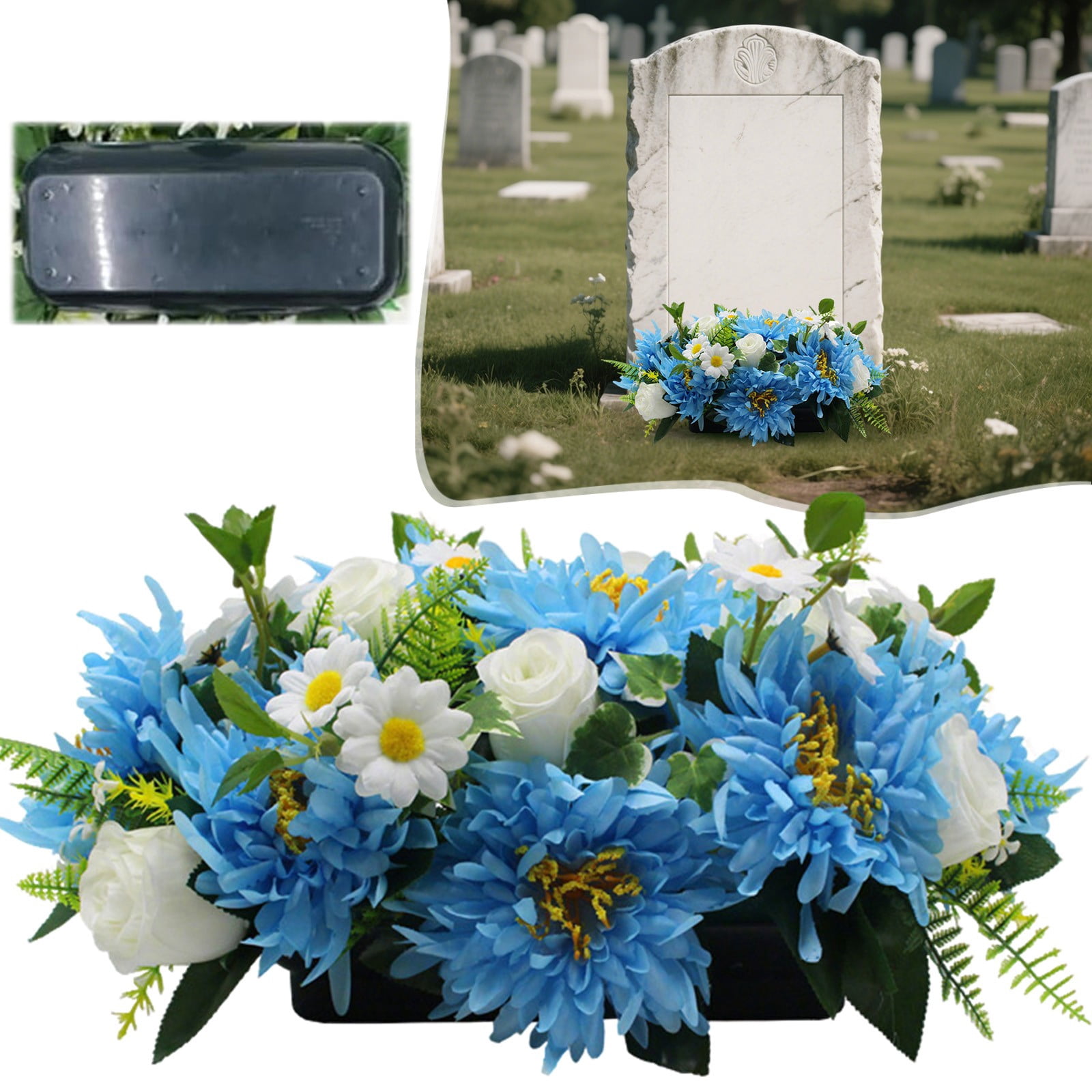 Memorial Artificial Flower for Gravesite, Chrysanthemum & Wildflower Cemetery Bouquet, Rainproof UV Resistant Outdoor Tribute, Cemetery & Gravesite Decor, Sympathy & Funeral Flowers (Champagne)