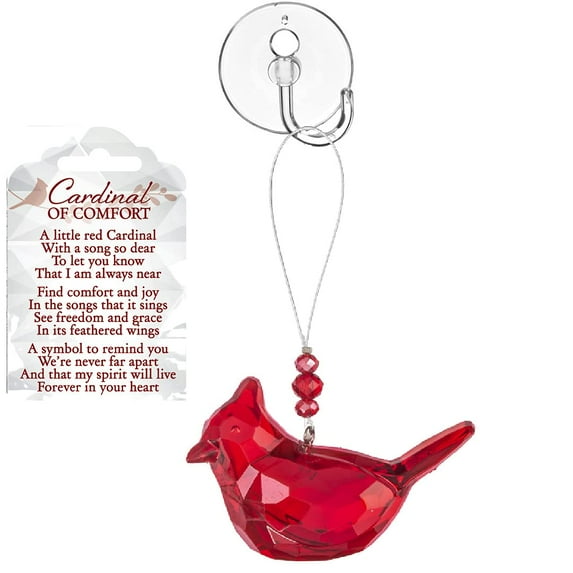 Memorial Cardinal Ornament Gift Red Bird Hanging Crystal Window Decor, Story Card and Suction Cup, Sign of a Visitor from Heaven (Cardinal Of Comfort)