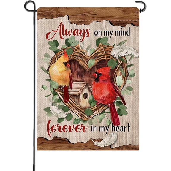 Memorial Cardinal Small Decorative Garden Flag, Red Birds Love Always on My Mind Forever in My Heart Yard Lawn Outside Decor, Farmhouse Cemetery Outdoor Home Decoration Double Sided 12 x 18
