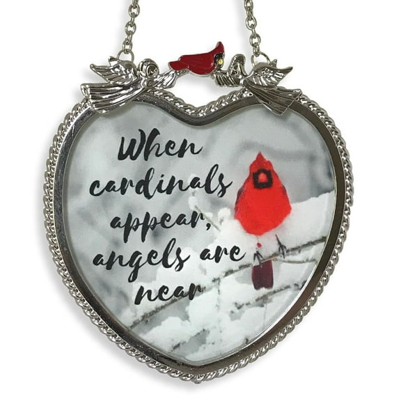 Memorial Cardinal Sun Catcher - "When Cardinals Appear Angels are Near"  - Heart Shaped Glass Sun Catcher with Cardinals and Winter Scene. Measures 4 ¼” H x 4” W