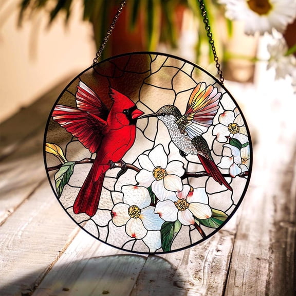 Memorial Cardinal and Hummingbird Suncatcher, Sympathy Bird Window Hanging, Loss of Loved One Keepsake, 6.3 in