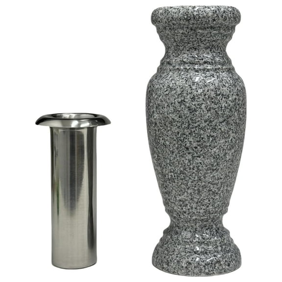 Memorial Cemetery Flower Vase - Real Granite (Grey Granite), with Stainless Steel Inner, Grave Marker, Decorations for Gravesite, Headstone Flowers Holder, Garden Lawn & Yard (4x4x10)