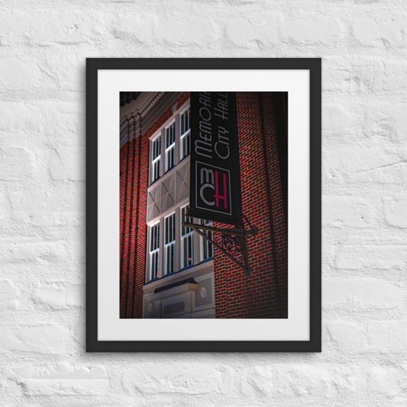 "Memorial City Hall at Midnight" — Architectural Detail Framed Poster (Black, 16″×20″)