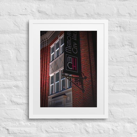 "Memorial City Hall at Midnight" — Architectural Detail Framed Poster (White, 16″×20″)
