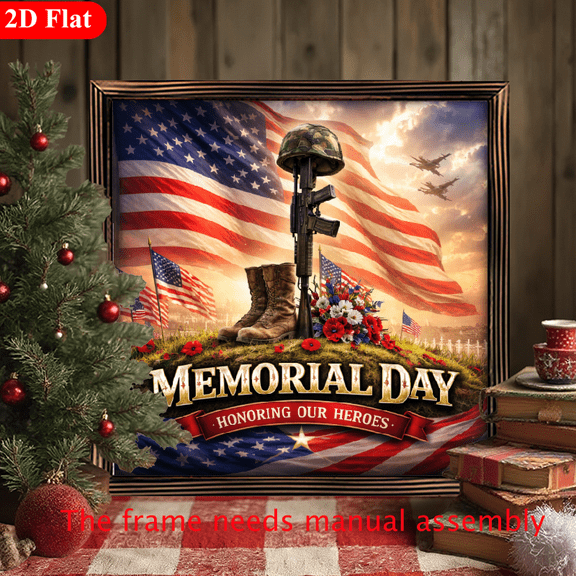 Memorial Day 2D Flat Wooden Framed Art - Military Tribute with American Flag & Poppies, Honoring Fallen Heroes – 8x8 inch or 12x12 inch Square Wall Decor