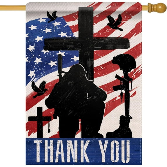 Memorial Day 4th of July Patriotic Large Decorative House Flag, Thank You Veterans Day America Military Cross Yard Garden Outside Decor, American USA Outdoor Home Decoration Double Sided 28x40