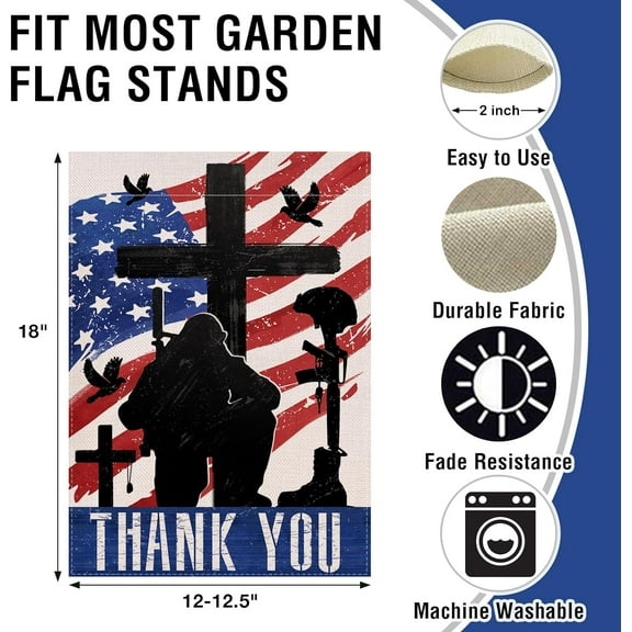 Memorial Day 4th of July Patriotic Small Decorative Garden Flag, Thank You Veterans Day America Military Cross Yard Lawn Outside Decor, American USA Outdoor Home Decoration Double Sided 12.5 x 18