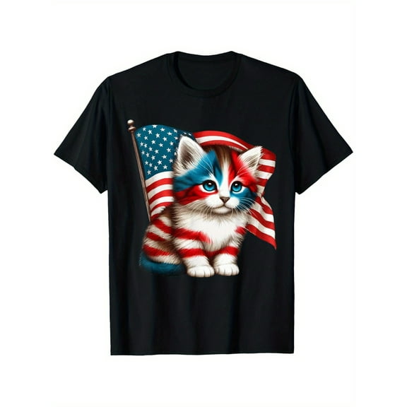 Memorial Day & 4th of July Patriotic USA Flag Cat T-Shirt - Vintage Washed 180g 100% Cotton Unisex Tee with Red White Blue Stripes & Stars, S-XXXL Casual Summer Shirt for Men & Women, Gift for Him