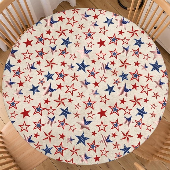 Memorial Day 4th of July Round Fitted Tablecloth with Elastic Edge 44-48 Inch Red White Blue Star Table Cover Independence Day Patriotic Table Cloth Washable for Kitchen Picnic