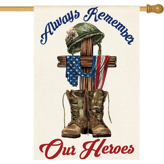 Memorial Day Always Remember Our Heroes Garden Flag 12x18 Inch Double Sided, Military Soldiers Boots Patriotic Veteran Yard Outdoor Decoration