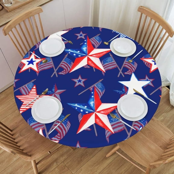 Memorial Day American Flag 4th of July Fitted Round Tablecloth Waterproof Table Cloth with Elastic Edge Wipe Clean Table Covers for Indoor Outdoor Fits 45"-50", Medium