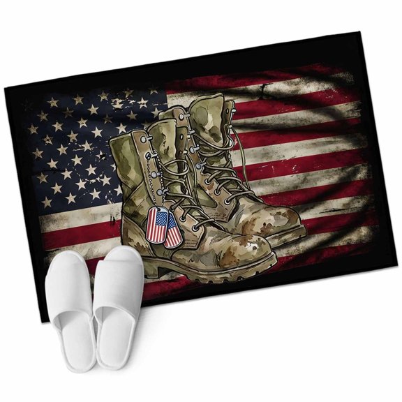 Memorial Day Bathroom Rug Washable 2x3 Entryway Rug Non Slip Military USA Flag Patriotic Distressed Boots Front Door Mat Low Pile Indoor Doormat Throw Floor Carpet for Kitchen Bedroom Entrance