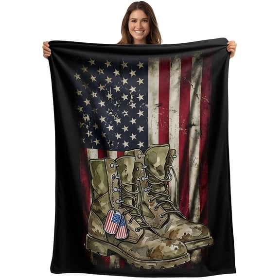 Memorial Day Blanket Soft Cozy Warm Throw Blanket for Couch, Plush Fuzzy Flannel Blankets for Sofa, Military USA Flag Patriotic Distressed Boots Bed Blankets Lightweight Gifts for Women, 32"x48"