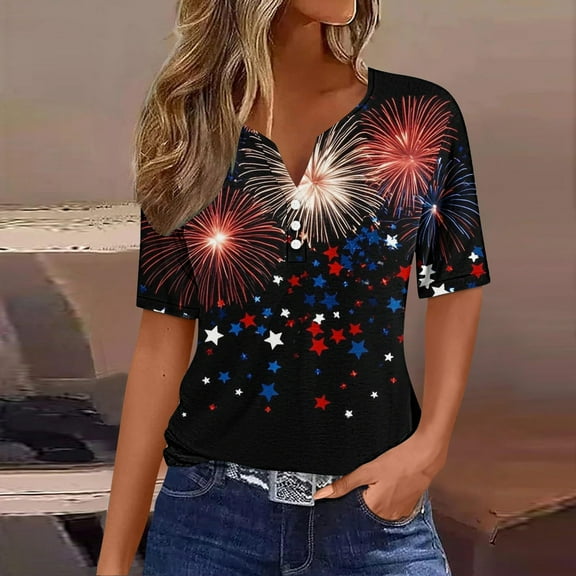 Memorial Day Blouse for Women American Flag Womens Shirts Women Red White and Blue Shirts Womens Memorial Day Shirts Women's Casual Gradient Short-Sleeved V-Neck Top Blouse