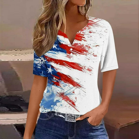 Memorial Day Blouse for Women American Flag Womens Shirts Women Red White and Blue Shirts Womens Memorial Day Shirts Women's Casual Gradient Short-Sleeved V-Neck Top Blouse