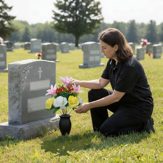 Memorial Day Cemetery Flowers with Grave Vase Artificial Memorial Flower Bouquets Red Pink Yellow Silk Carnation Spring Floral Arrangement for Gravesites Headstone Outdoor Decor