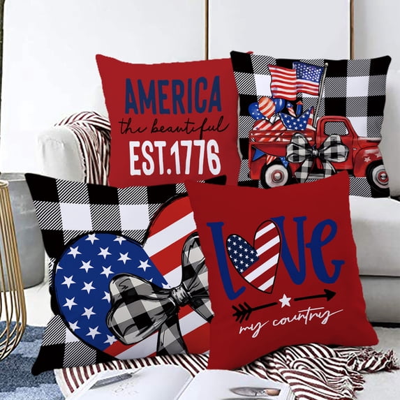 Memorial Day Decorations Pillow Cases, 4PC Pillow Set Independence Day Flag Four Piece Set Peach Skin Velvet Print Living Room Sofa Pillowcase Bedroom Cushion