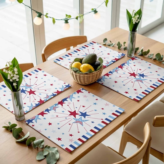 Memorial Day Flag Blue and Red Star Placemats Set of 4,Wipeable Washable Table Mats for Dining Tables, Patriotic Stripe and Dot on White Place Mats for Kitchen Event Party Tabletop Decor