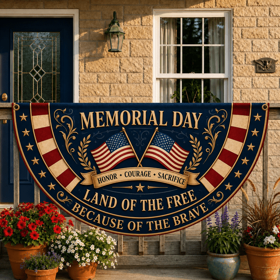 Memorial Day Flag Patriotic Porch Banner for Front Porch, Railing, Veterans Tribute