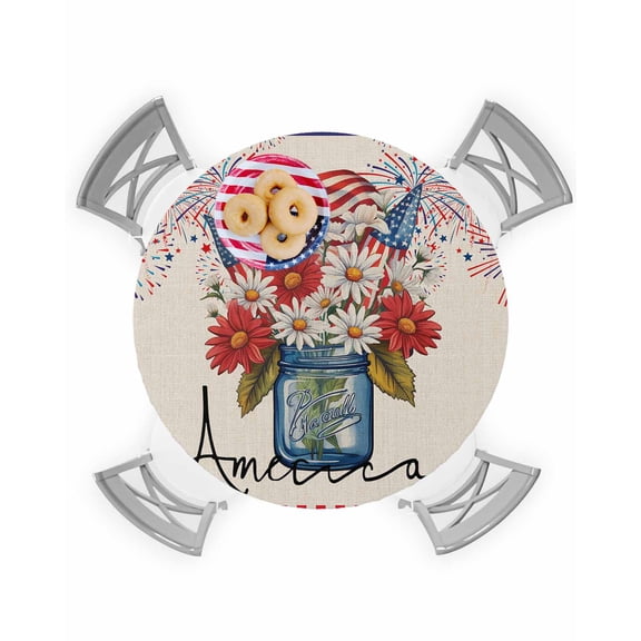 Memorial Day Flower Patriotic Flag Fitted Round Tablecloths Elastic Edged Table Covers 45"-54",Star and Stripe on Burlap Waterproof Dining Room Table Cloth for Kitchen Holiday Party Tables Decor