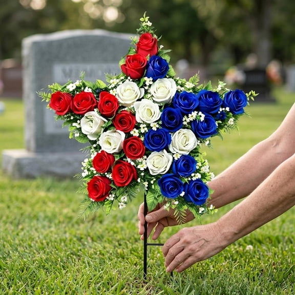Memorial Day Flowers for Cemetery Outdoor Grave 250th Anniversary USA Decorations Cemetery Flowers for Grave - Patriotic Artificial Red White Blue Roses