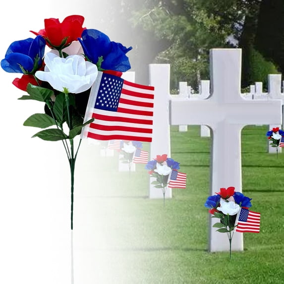 Memorial Day Flowers for Cemetery, Outdoor Grave Decorations, Artificial Patriotic Cemetery Flowers for Grave - Red White Blue Roses with American Flags for Veterans, Style A
