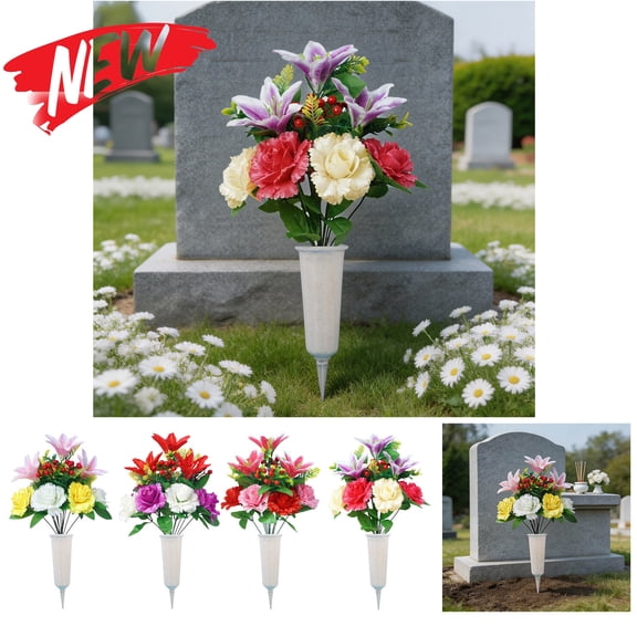 Memorial Day Flowers for Cemetery, Outdoor Grave Decorations Bouquet with Cemetery Vase, Artificial Cemetery Flowers for Grave, Memorial Flowers for Gravesite, Weather Resistant
