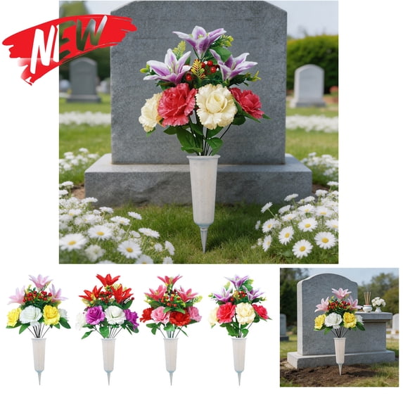 Memorial Day Flowers for Cemetery, Outdoor Grave Decorations Bouquet with Cemetery Vase, Artificial Cemetery Flowers for Grave, Memorial Flowers for Gravesite, Weather Resistant