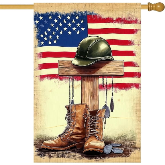 Memorial Day Garden Flag 28 x 40 Inch Double Sided Patriotic House Flag with Boots Helmet Cross and American Flag Design for Yard Porch Outdoor Military Tribute Decor