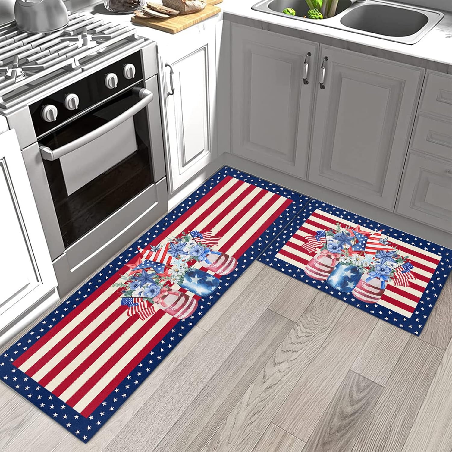 Memorial Day Kitchen Rugs and Mats Set of 2, America Poppy Floral in Bottle Non-Slip Floor Doormat Comfort Area Runner Rug and Mat, Star Striped Indoor Entrance Carpet Home Decor